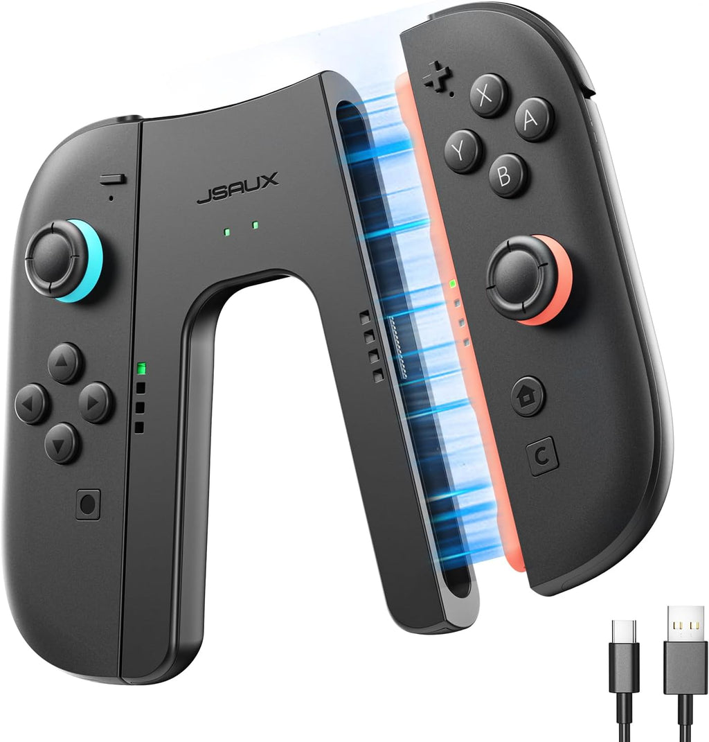 JSAUX Switch 2 Charging Grip for Nintendo Switch 2, Magnetic Grip Controller Compatible with Switch 2 Joycons, Play While Charging with LED Indicator& 1.5m/4.9ft Charger Cable-Black