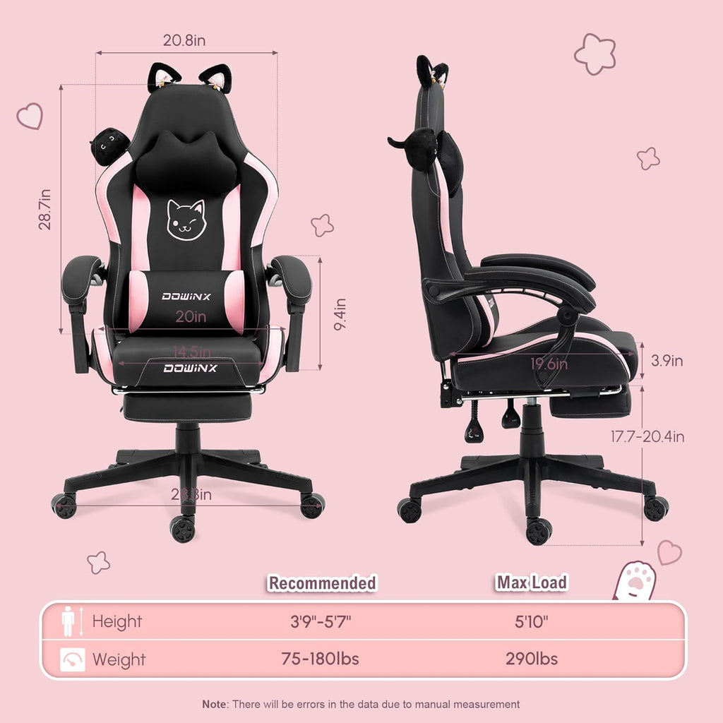 Dowinx Gaming Chair Cute with Cat Ear Footrest Massage Lumbar Back Support, Ergonomic Office Computer Chair with Headrest Comfortable Reclining Gamer Chair 290lbs for Adults Girls Teens (Black Pink)