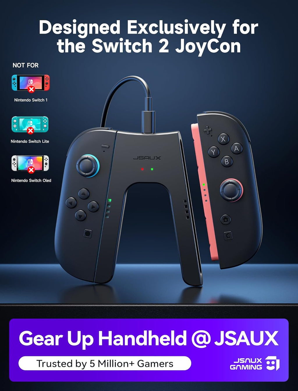 JSAUX Switch 2 Charging Grip for Nintendo Switch 2, Magnetic Grip Controller Compatible with Switch 2 Joycons, Play While Charging with LED Indicator& 1.5m/4.9ft Charger Cable-Black