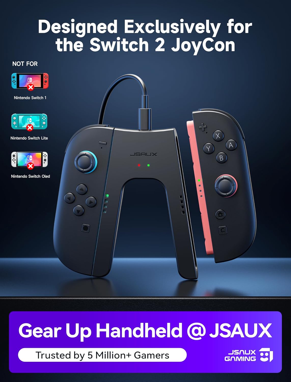 JSAUX Switch 2 Charging Grip for Nintendo Switch 2, Magnetic Grip Controller Compatible with Switch 2 Joycons, Play While Charging with LED Indicator& 1.5m/4.9ft Charger Cable-Black