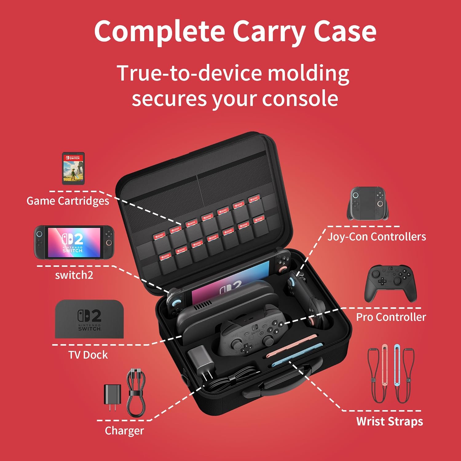 Switch 2 Carry Case Compatible with Nintendo Switch 2, with 18 Games Cartridges Waterproof and Dustproof Travel Case for Switch 2 and Switch 2 Accessories, with Handles and Shoulder Straps (Grey)