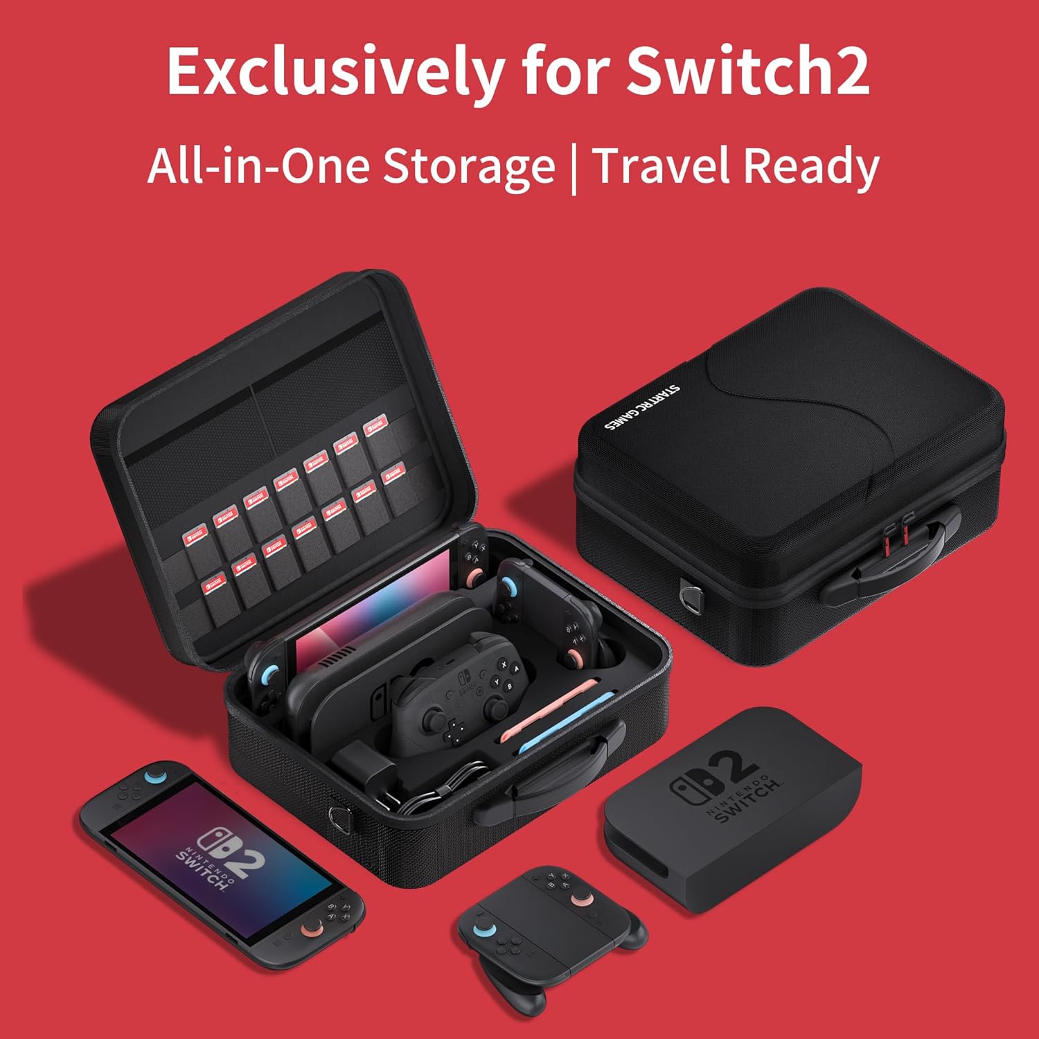 Switch 2 Carry Case Compatible with Nintendo Switch 2, with 18 Games Cartridges Waterproof and Dustproof Travel Case for Switch 2 and Switch 2 Accessories, with Handles and Shoulder Straps (Grey)