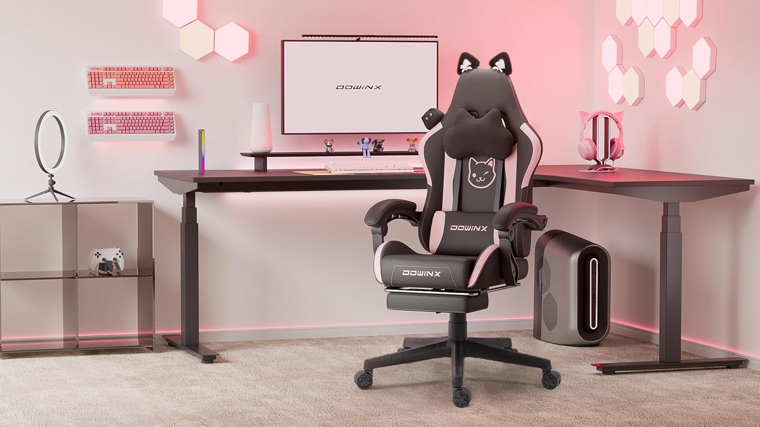 Dowinx Gaming Chair Cute with Cat Ear Footrest Massage Lumbar Back Support, Ergonomic Office Computer Chair with Headrest Comfortable Reclining Gamer Chair 290lbs for Adults Girls Teens (Black Pink)