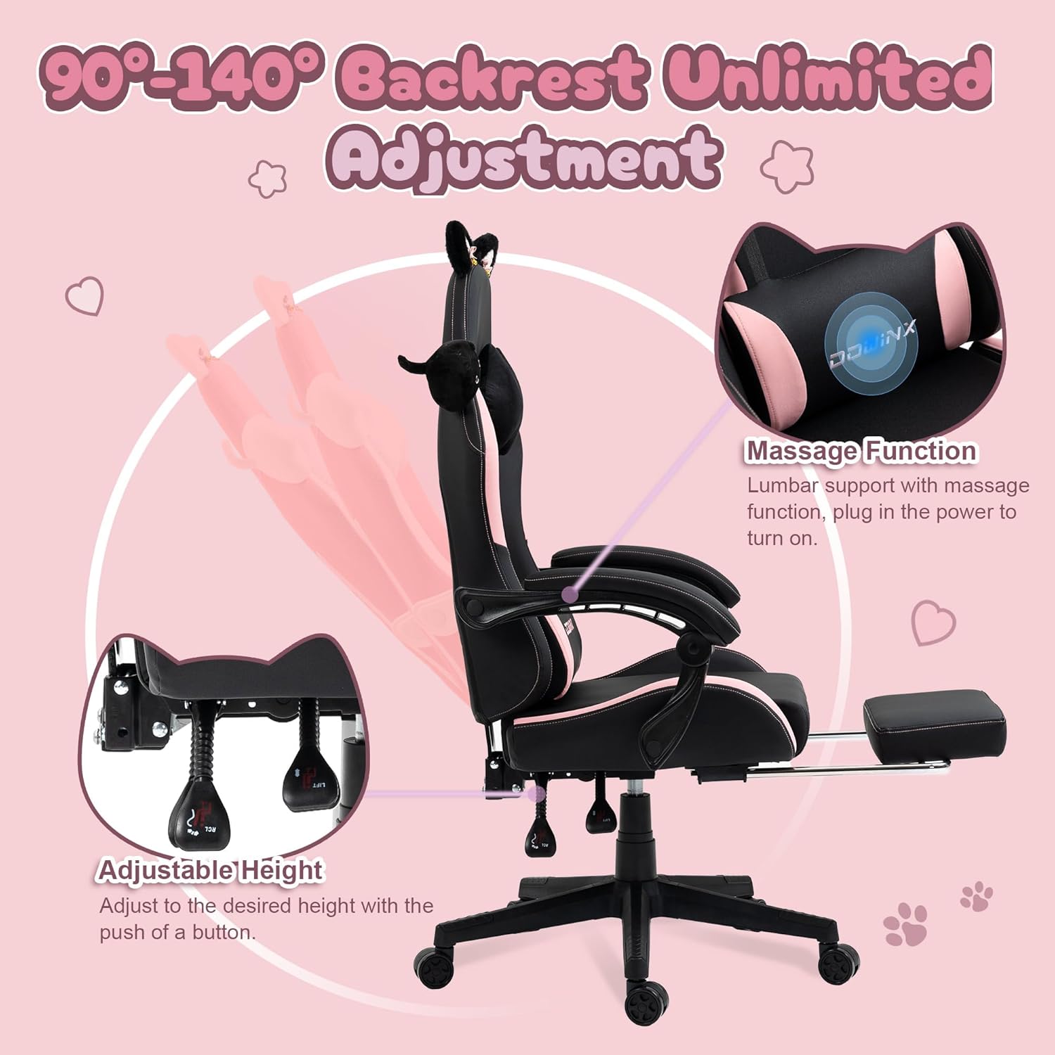 Dowinx Gaming Chair Cute with Cat Ear Footrest Massage Lumbar Back Support, Ergonomic Office Computer Chair with Headrest Comfortable Reclining Gamer Chair 290lbs for Adults Girls Teens (Black Pink)