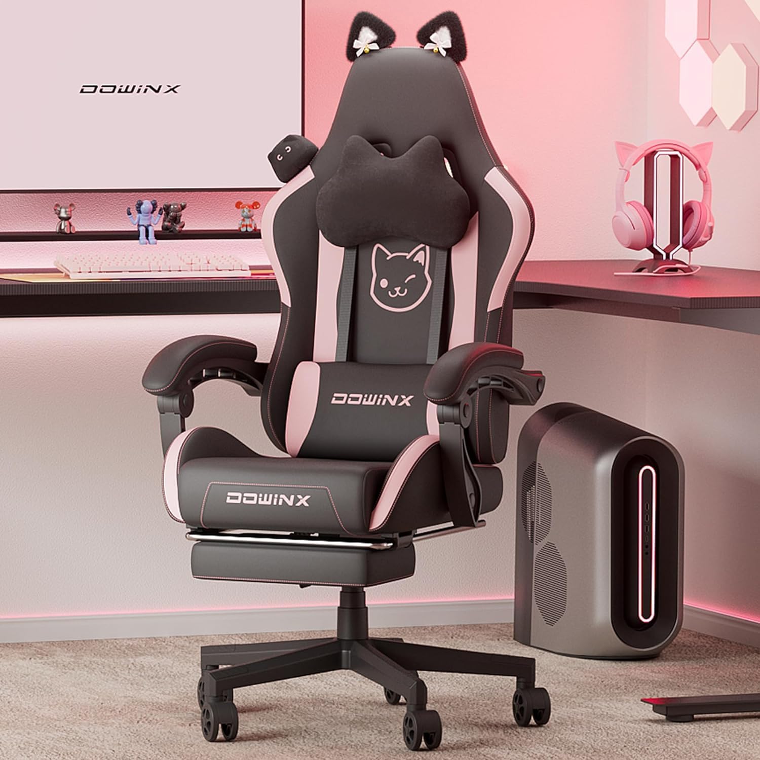 Dowinx Gaming Chair Cute with Cat Ear Footrest Massage Lumbar Back Support, Ergonomic Office Computer Chair with Headrest Comfortable Reclining Gamer Chair 290lbs for Adults Girls Teens (Black Pink)