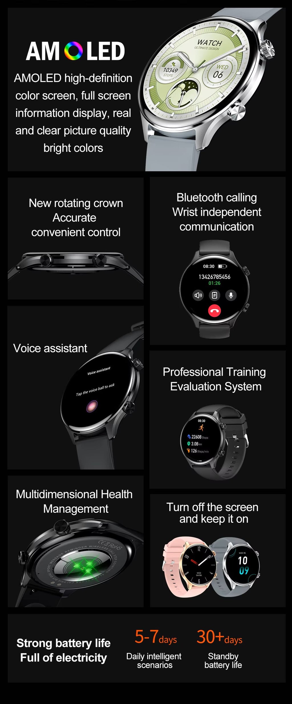 PPixels QA109 Smart Watch, 1.75 Inch AMOLED Display, Waterproof, Blood Pressure Monitor, Heart Rate Tracking, NFC, Bluetooth Calling, Grey Silicone Band