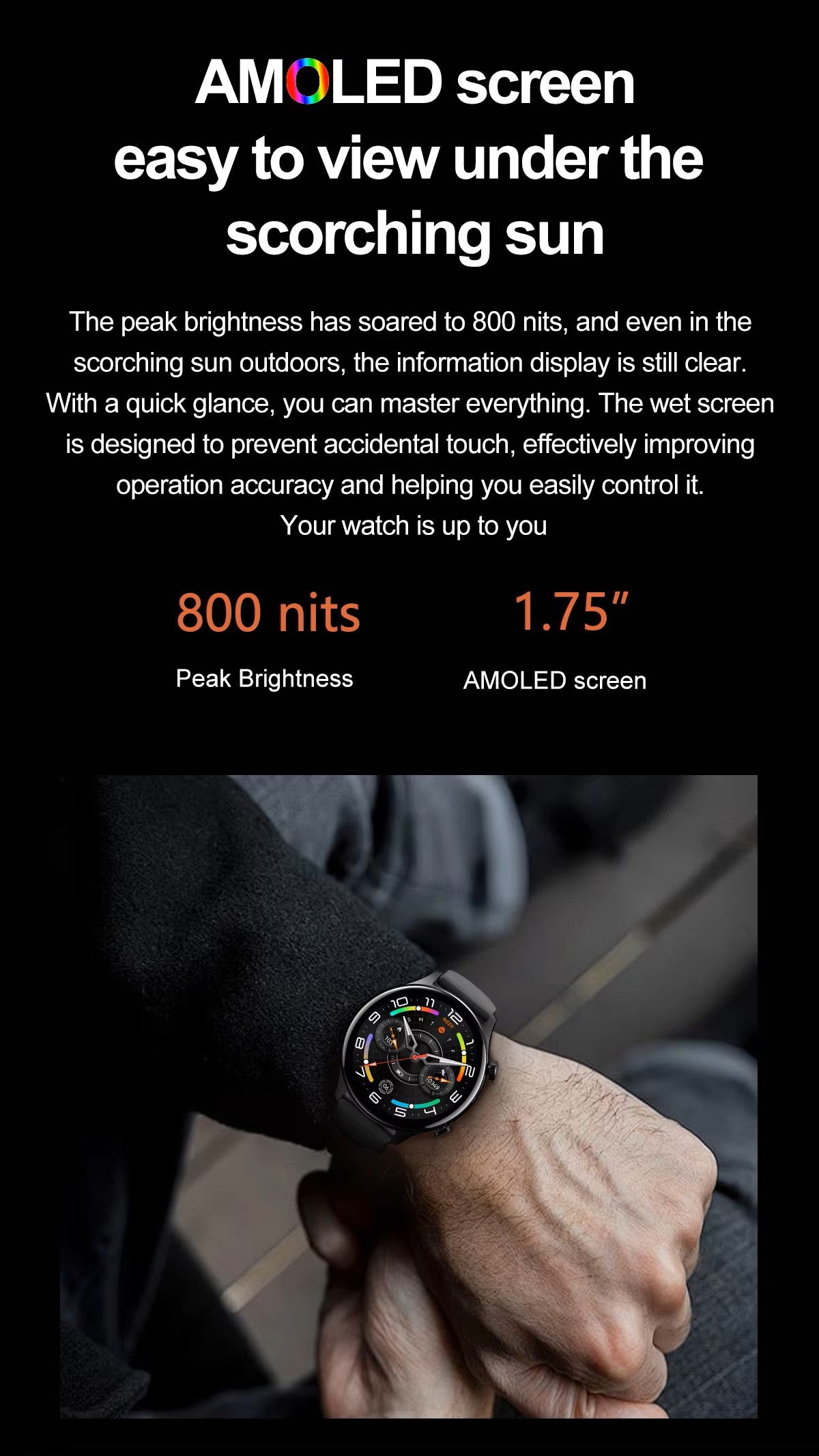 PPixels QA109 Smart Watch, 1.75 Inch AMOLED Display, Waterproof, Blood Pressure Monitor, Heart Rate Tracking, NFC, Bluetooth Calling, Grey Silicone Band
