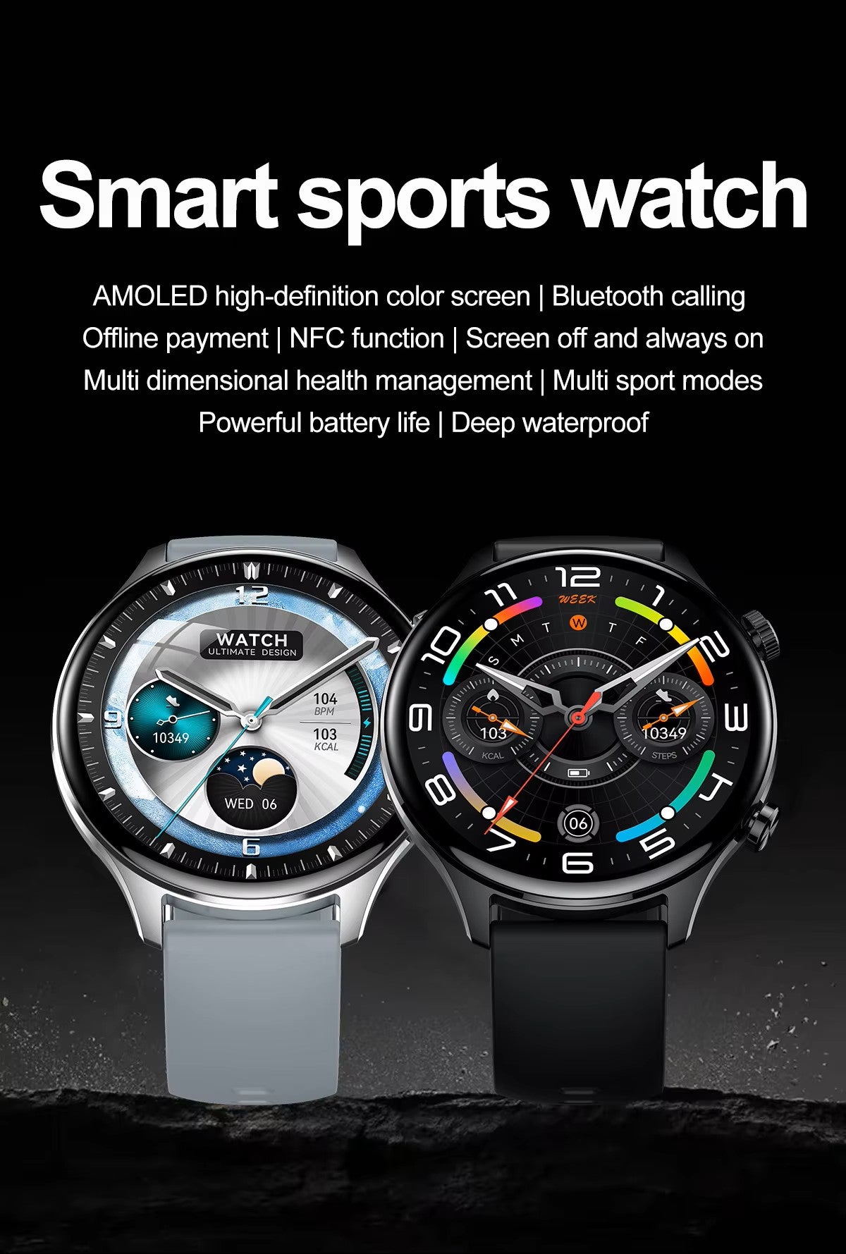 PPixels QA109 Smart Watch, 1.75 Inch AMOLED Display, Waterproof, Blood Pressure Monitor, Heart Rate Tracking, NFC, Bluetooth Calling, Grey Silicone Band