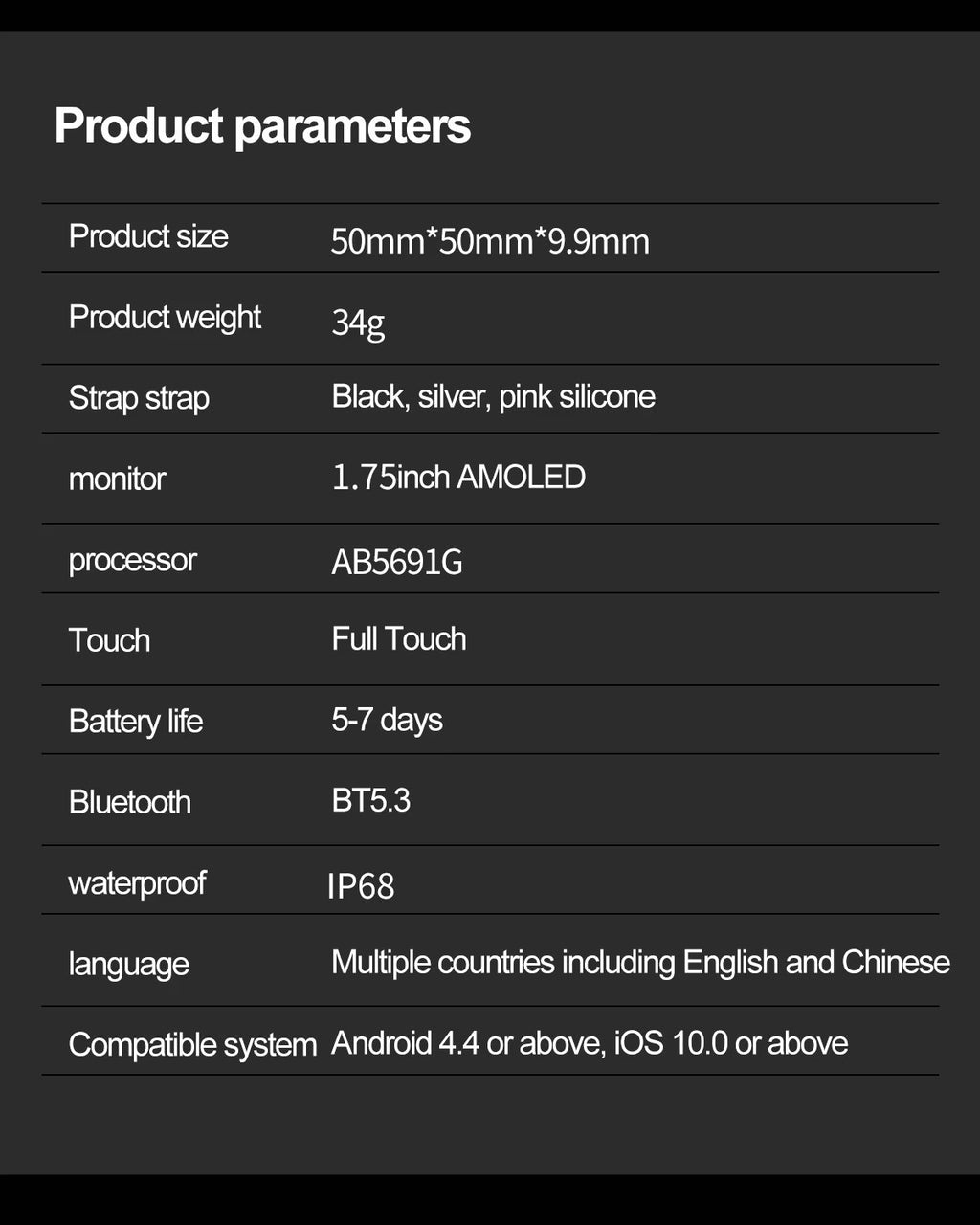 PPixels QA109 Smart Watch, 1.75 Inch AMOLED Display, Waterproof, Blood Pressure Monitor, Heart Rate Tracking, NFC, Bluetooth Calling, Grey Silicone Band